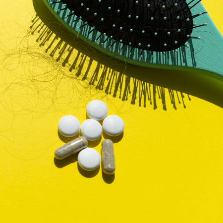 Pills and fallen hair on a yellow background. Baldness and hair loss problemの写真素材