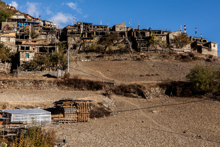 Mountain village Upper Pisang in Nepal, Himalayas, Annapurna Conservation Areaの写真素材