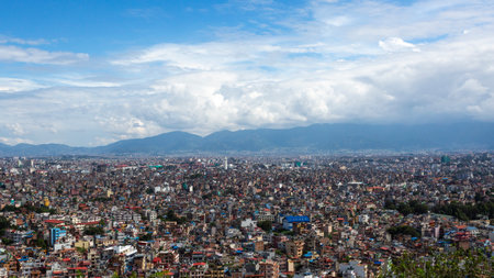 Kathmandu city view with lot of low rise buildings, from Swayambhunath stupa, Nepal.の写真素材