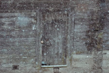 Blizzard at farm in countryside. Fields covered in fog,  snow covered trees.の写真素材