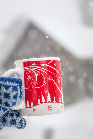 Man holding a cup in Blizzard at farm in countryside. Fields covered in fog, snow covered trees.の写真素材