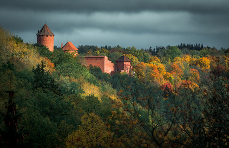 Picturesque view on valley of Gaujas national park. Trees changing colors in foothills.  Colorful Autumn day at city Sigulda in Latvia.のeditorial素材