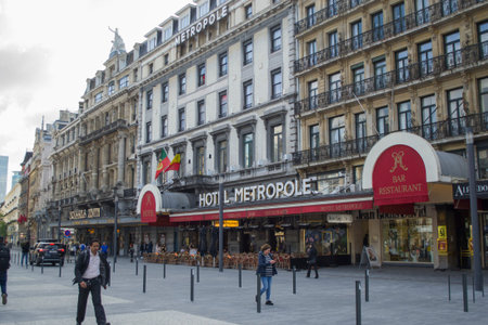 Brussels, Belgium - 6th June, 2019: The legendary hotel Metropol - elegant building with entrance in french renaissance style. Historic city center, the heart of Brussels - Place de Brouckere.のeditorial素材