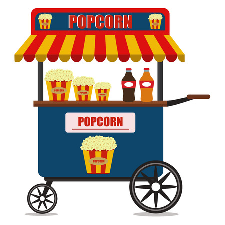 Popcorn cart carnival store and fun festival retro car candy corn container seller cart vector illustration.のイラスト素材