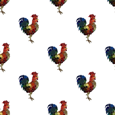 Seamless pattern background with roosters. Symbol of 2017 year. Black and white rooster texture. Rooster silhouette icon.のイラスト素材