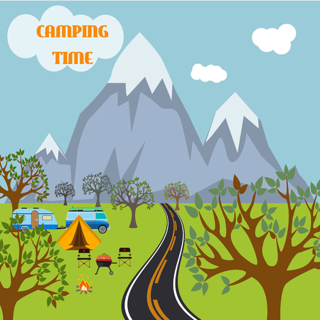 Camp adventure with mountain backgroundのイラスト素材