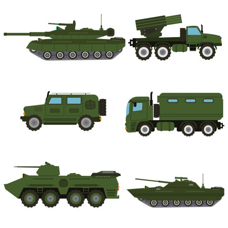 Military vehicle equipment army war weapon machine. Heavy, reservations and special transport. Equipment for the war trucks, armored vehicle, artillery pieces vector illustrationのイラスト素材