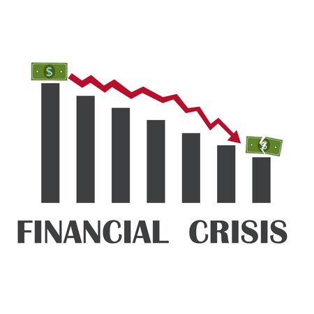 Money loss banner vector illustration, flat cartoon cash with down arrow stocks graph, concept of financial crisis, market fall, bankruptcyのイラスト素材