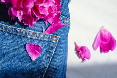 Beautiful pink peony flower on jeans. fashionable concept.の写真素材