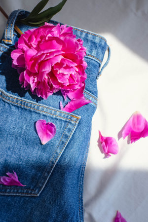 Beautiful pink peony flower on jeans. fashionable concept.の写真素材