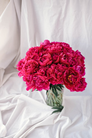 Bouquet of red peonies on a white fabric background.の写真素材