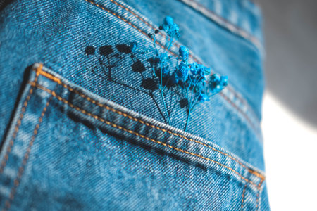 Blue flowers in the pocket of blue jeans. close-up.の写真素材