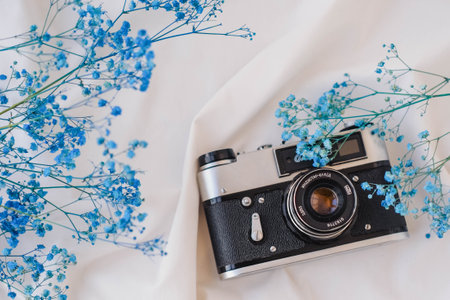 Vintage camera and blue gypsophila flowers on white fabricの写真素材