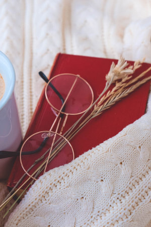 Cup of coffee, book, glasses and knitted scarf on a white background