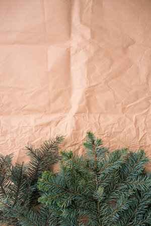Christmas background with fir branches on crumpled brown paper, copy spaceの写真素材