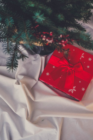 Christmas tree with red gift box on white fabric backgroundの写真素材