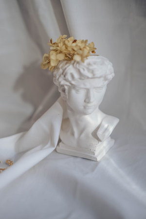 White marble bust of David and hydrangea flowers on a white background