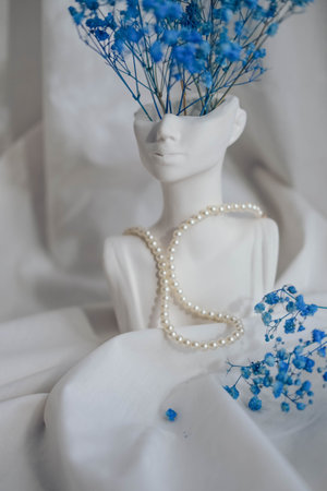 wedding bouquet of blue gypsophila and pearls