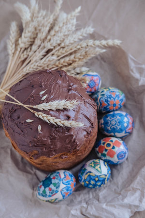Easter cake and easter eggs on a background of crumpled paper