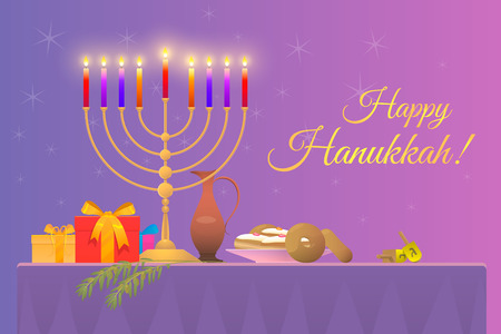 illustration of a greeting card for the holiday of Hanukkah with copy-space, the picture shows the festive table on it the gold Menorah with burning candles donuts gifts a toy dreidel and olive branchのイラスト素材