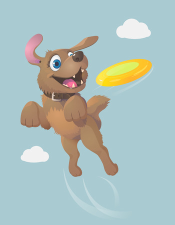 The happy cute puppy is playing the orange plastic disc it is jumping to catch an orange plastic disc.のイラスト素材