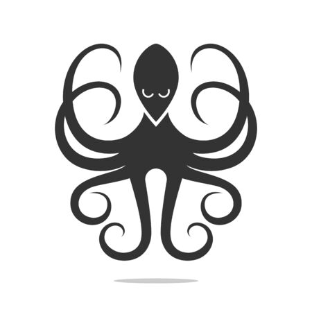 Black silhouette of the octopus with angry eyes is isolated on a white background.のイラスト素材