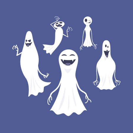 The set of cute cartoon ghosts in the flat style they smile and make faces the set is isolated on a blue background.のイラスト素材
