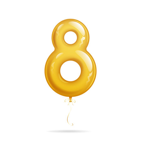 A balloon in the shape of a number eight is isolated on a white background has a golden color for International Women's day.のイラスト素材