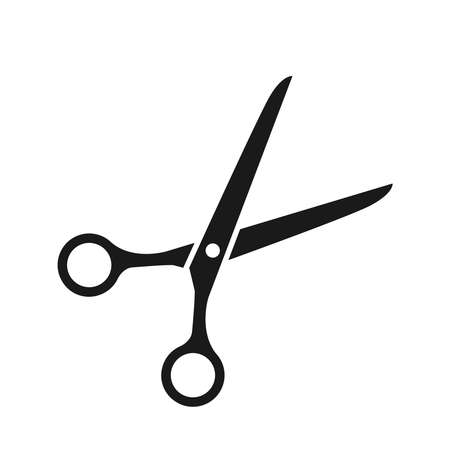 Opened scissors are isolated on a white background. Black silhouette of a scissors iconのイラスト素材