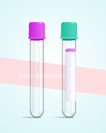 Vector illustration of a couple of transparent test tubes has purple and green caps, they are on a simple background. The concept is medical equipment.のイラスト素材