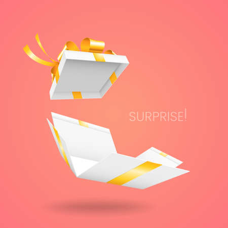 Open white gift box with golden ribbon is isolated on a red background. The vector illustration.のイラスト素材