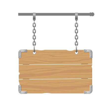 The wooden signboard with metal corners and rivets it hangs on chains. The signboard is isolated on a white background.のイラスト素材