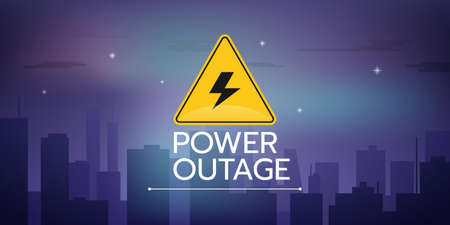the banner of a Power outage with a warning sign on the background of the night sky and city without electricity.のイラスト素材
