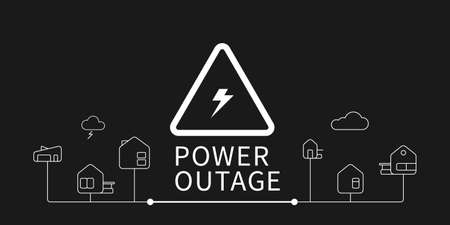 The power outage banner with a warning sign the one is on the solid black background also there are the outline icons of houses connect each other.のイラスト素材