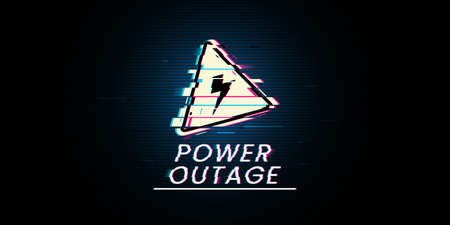 The banner of a power cut has a warning sign of electricity with a glitch effect the one is on the black background.のイラスト素材