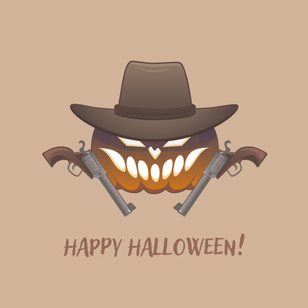 Tough Cowboy pumpkin has two guns and wears a cowboy hat. The pumpkin is on a brown background. the guns have metallic color with wooden handles. The concept is Halloween western style.のイラスト素材