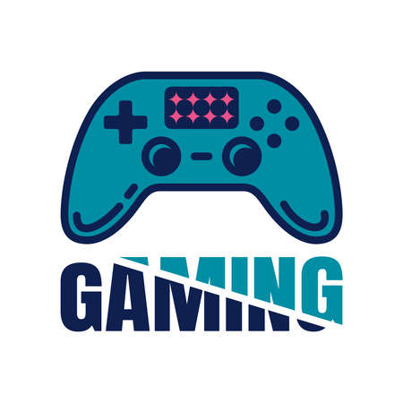 The gamepad logo has blue tints is isolated on a white background. Flat vector illustration. Logo for video game fans.のイラスト素材