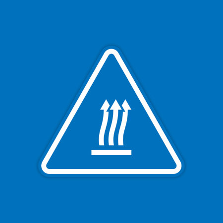 Heat warning sign. Triangle warning sign of heat with a wavy arrows symbol. Blue and white vector illustration.のイラスト素材