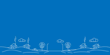 winter landscape. Line art of a winter village in snowdrifts. vector illustration. editable line.のイラスト素材