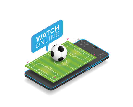 Football online. A soccer ball and an isometric football field are on a smartphone. Football matches translation online. vector illustration.のイラスト素材