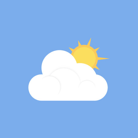 The icon of a white cloud with the sun behind one is isolated on a solid blue background. Flat vector illustration, EPS 10.のイラスト素材