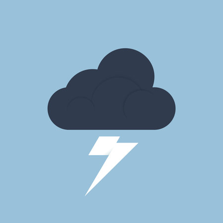 Thunderstorm icon is isolated on a solid blue background there are cloud and lightning symbols. Flat vector illustration, EPS 10.のイラスト素材