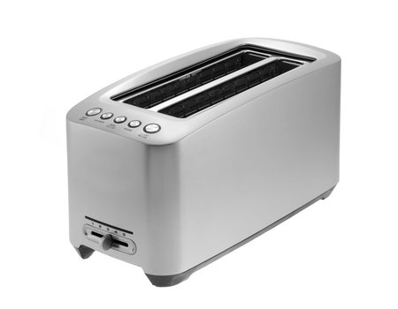 A silver chrome toaster isolated in white