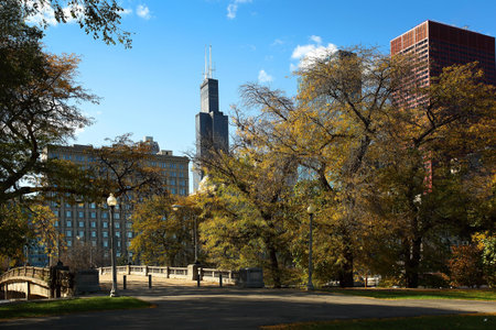 CHICAGO, ILLINOIS/USA-OCTOBER 15 2016: Grant Park Chicago with blue sky and fall leaves on October 15 2016, Chicago, Illinoisのeditorial素材