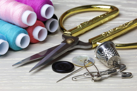 Scissors and sewing supplies thimble cotton pins