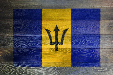 Barbados flag on rustic old wood surface backgroundの写真素材