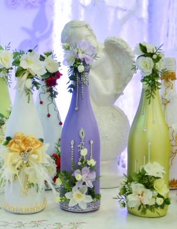 Decorated wedding bottlesの写真素材