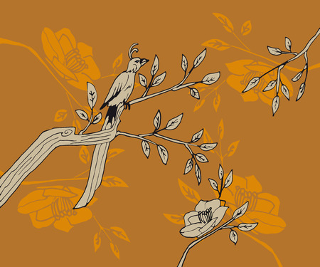 bird with long tail sits a branch with leaves and flowers on an orange background in oriental styleのイラスト素材
