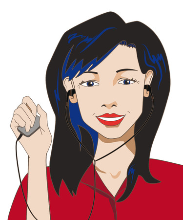 brunette girl holding a music player and listen to music with headphonesのイラスト素材