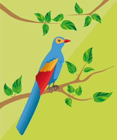 Blue bird with a long tail, sitting on a branch with green leavesのイラスト素材